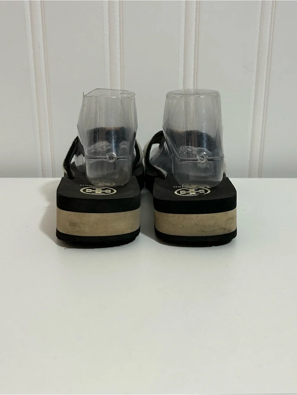 Tory Burch Black Footbed Flip Flops with Cream Straps platform